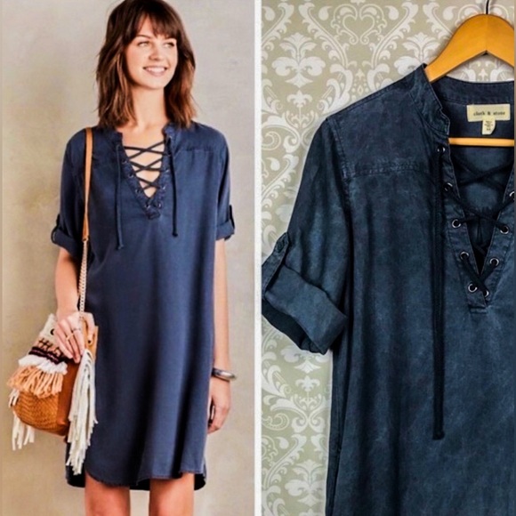 Anthropologie Dresses & Skirts - ANTHROPOLOGIE Cloth & Stone Chambray Denim Lace-Up Shirt Dress Mini